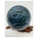 Natural Moss Agate Sphere on Driftwood Stand