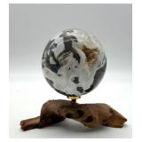 Moss Agate Sphere With Druzy Quartz on Wood Stand