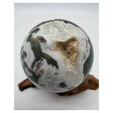 Moss Agate Sphere With Druzy Quartz on Wood Stand
