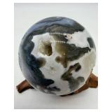 Moss Agate Sphere With Druzy Quartz on Wood Stand