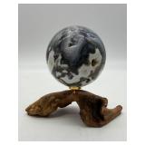 Moss Agate Sphere With Druzy Quartz on Wood Stand