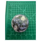 Moss Agate Sphere With Druzy Quartz on Wood Stand