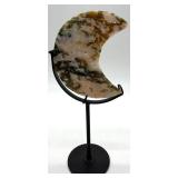 Moss Agate Stone Crescent Moon Sculpture on Stand