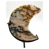 Moss Agate Stone Crescent Moon Sculpture on Stand