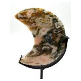 Moss Agate Stone Crescent Moon Sculpture on Stand