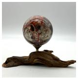 Polished Mexican Crazy Lace Stone Sphere on Driftwood Stand