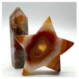 Agate Star & Druzy Carnelian Red Moss Obelisk Carvings (Lot of 2)