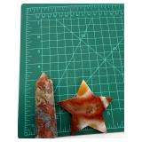 Agate Star & Druzy Carnelian Red Moss Obelisk Carvings (Lot of 2)
