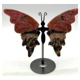 Natural Rhodonite Stone Butterfly Sculpture on Metal Stand
