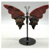 Natural Rhodonite Stone Butterfly Sculpture on Metal Stand