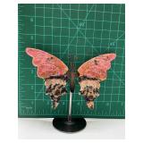 Natural Rhodonite Stone Butterfly Sculpture on Metal Stand