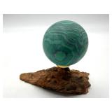 Malachite Sphere on Wood Display Stand