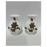 Two Vintage Hollywood Regency Style Milk Glass Hurricane Shades with Bronze Accents