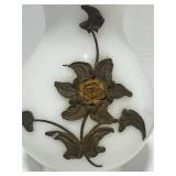 Two Vintage Hollywood Regency Style Milk Glass Hurricane Shades with Bronze Accents