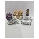 5 Vintage Figurines; Jam Pot, Occupied Japan Wheel Barrow and Settee, Homeco Boy, Japan Angels