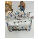 5 Vintage Figurines; Jam Pot, Occupied Japan Wheel Barrow and Settee, Homeco Boy, Japan Angels