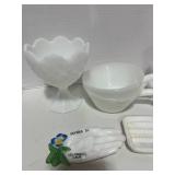 5 Misc. Milk Glass Pieces; Soap Dishes, Fire King, Lady Ether Face Cream, Bud Vase and Candy Dish