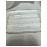 5 Misc. Milk Glass Pieces; Soap Dishes, Fire King, Lady Ether Face Cream, Bud Vase and Candy Dish