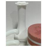 5 Misc. Milk Glass Pieces; Soap Dishes, Fire King, Lady Ether Face Cream, Bud Vase and Candy Dish