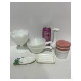 5 Misc. Milk Glass Pieces; Soap Dishes, Fire King, Lady Ether Face Cream, Bud Vase and Candy Dish