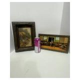 Two Vintage Wooden Framed Pictures; Oil Painting of Flowered Path and Old Country School