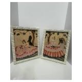 Pair of 1940's Art Deco Era Airbrush Watercolor Painting Victorian Courting Pictures 12' X 14'