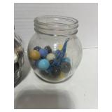 Three Jars of Vintage Wooden Checkers, Buttons and Some Marbles