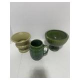 3 Vintage Green Pottery Pieces; McCoy Vase and Barrell Mug and Green Planter