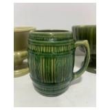 3 Vintage Green Pottery Pieces; McCoy Vase and Barrell Mug and Green Planter