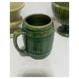 3 Vintage Green Pottery Pieces; McCoy Vase and Barrell Mug and Green Planter