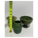 3 Vintage Green Pottery Pieces; McCoy Vase and Barrell Mug and Green Planter