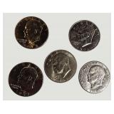 Vintage Eisenhower Dollar Coin Lot – 5 U.S. Silver-Tone Dollar Coins (1971 & 1972)