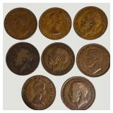 Vintage Great Britain Penny Coin Collection – 8 British Coins Featuring George V, George VI & Elizabeth II