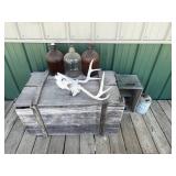 Primitive Decor Mixed Lot - Wooden Crates, Glass Jugs, Antlers & Metal Can