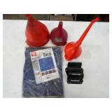 Shop Supplies Mixed Lot - 3 Funnels, Tarp & LockNLube - content quantities unverified
