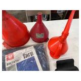 Shop Supplies Mixed Lot - 3 Funnels, Tarp & LockNLube - content quantities unverified