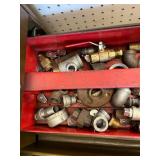 Tool Box & Pipe Fittings Mixed Lot - Assorted Steel, Brass & Cast Fittings