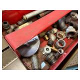 Tool Box & Pipe Fittings Mixed Lot - Assorted Steel, Brass & Cast Fittings