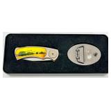 Decorative Folding Pocket Knife & Belt Buckle Set in Tin Case