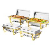 $130 ROVSUN 4-Pack 9QT Chafing Dishes with Rolled-Edge Gold & Silver Design, Folding Frame