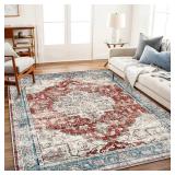 CHAMPLANT Washable Area Rug 9'x12' Red & Blue Retro Flowers Boho Non-Shedding Easy Care