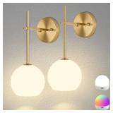 Gold Battery-Operated Wall Sconces (Set of 2), Rechargeable Wireless Lights with Frosted Glass