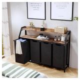 Timberer 4-Section Laundry Sorter with Wheels, 2 Shelves, Oxford Bags, Black/Rustic Brown