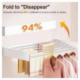 Wall Mounted Clothes Drying Rack Folding Indoor, Foldable Laundry Drying Rack Collapsible,Invisible, Space Saving, Retractable Towel Drying Rack, with Wall Template(6 Drying Rods, White 40')