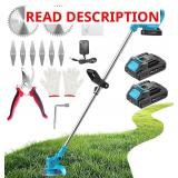 Weed Wacker, Cordless String Trimmer 21V with 2 Batteries 2.0Ah, 2 Types Metal Blades Powered Grass Trimmer, Pruning Shears, Adjustable Pole Weed Trimmer for Garden and Yard Lawn, Blue