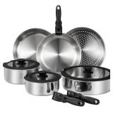 $190 ROYDX 20pcs Tri-Ply Stainless Steel Cookware Set, 18/10 Stainless Steel Pots and Pans Set with Detachable Handle Cookware Set, PFOA Free, for All Stoves, Space Saving Induction Oven Safe