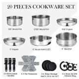 $190 ROYDX 20pcs Tri-Ply Stainless Steel Cookware Set, 18/10 Stainless Steel Pots and Pans Set with Detachable Handle Cookware Set, PFOA Free, for All Stoves, Space Saving Induction Oven Safe