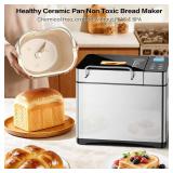 $130 KBS Pro 710W 2LB Bread Maker, Stainless Steel 17-in-1 Smart Bread Machine with Healthy Ceramic Pan, Automatic Nut Dispenser, Tempered Glass Touch Panel, 3 Crust Colors, 15H Timer& Keep-Warm, Reci