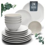 $135 Stoneware Dinnerware Set for 8 People HYGGE 24-Piece - Elegant Scandi Design - Premium Dish Set - Bowl and Plate Set - Tableware for 8 People in a Ribbed Design - Pure Living in White