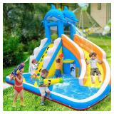 $255 TOAOB Inflatable Water Slide,5 in 1 Dolphin Inflatable Bounce House for Kids- Climbing Wall Splash Pool Water Cannon Basketball Rim - 480W Blower - for Indoor Outdoor Backyard Birthday Party